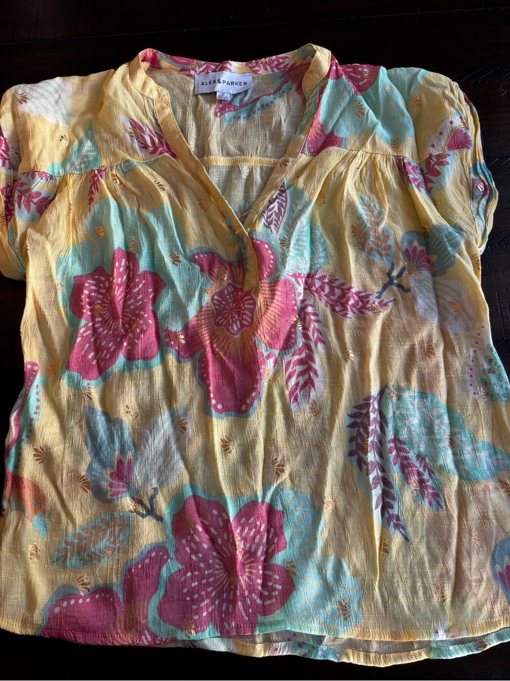 Parker Yellow Floral V-Neck Short Sleeve Blouse with Pink & Aqua Accents